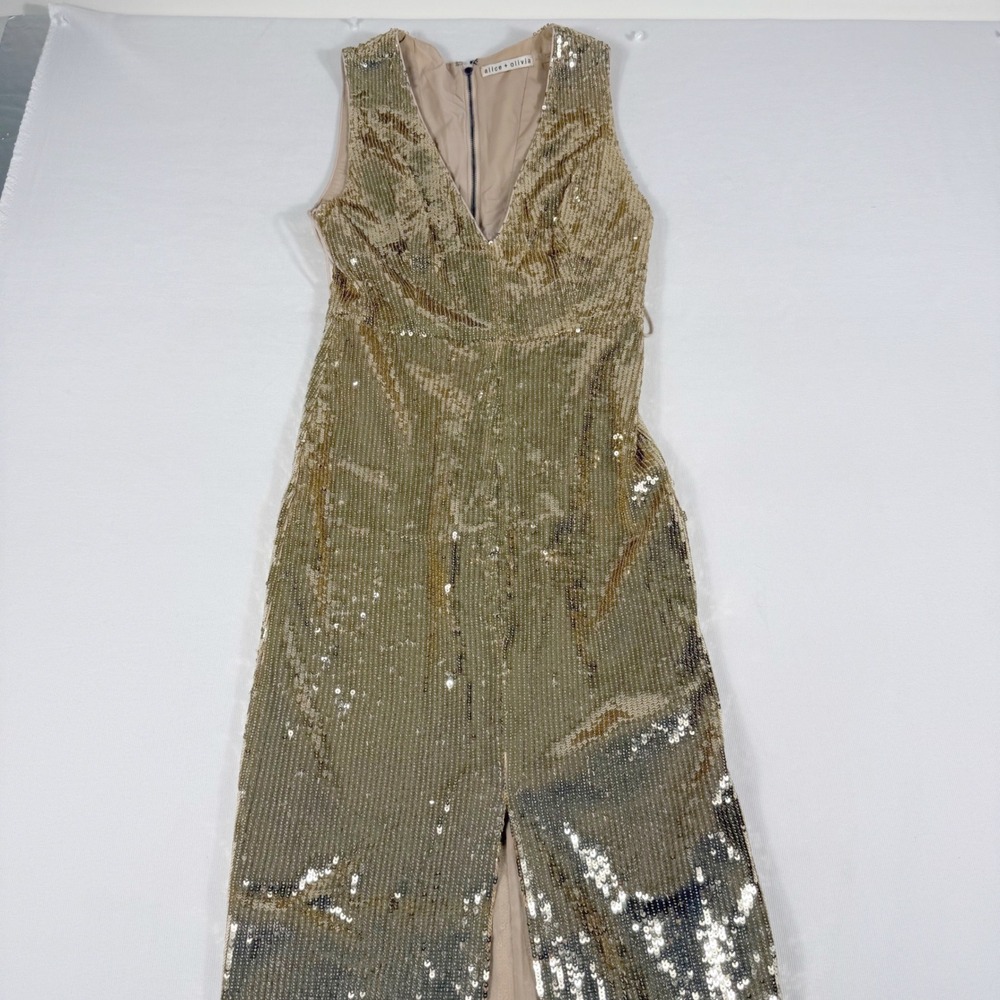 Alice + Olivia Sequin Maxi Dress Gold V-Neck Slit Gala Sparkle Glam Statement - Picture 12 of 16